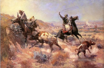 Indianer und Cowboy Werke - eine ernste Zwangslage 1908 Charles Marion Russell Indiana Cowboy